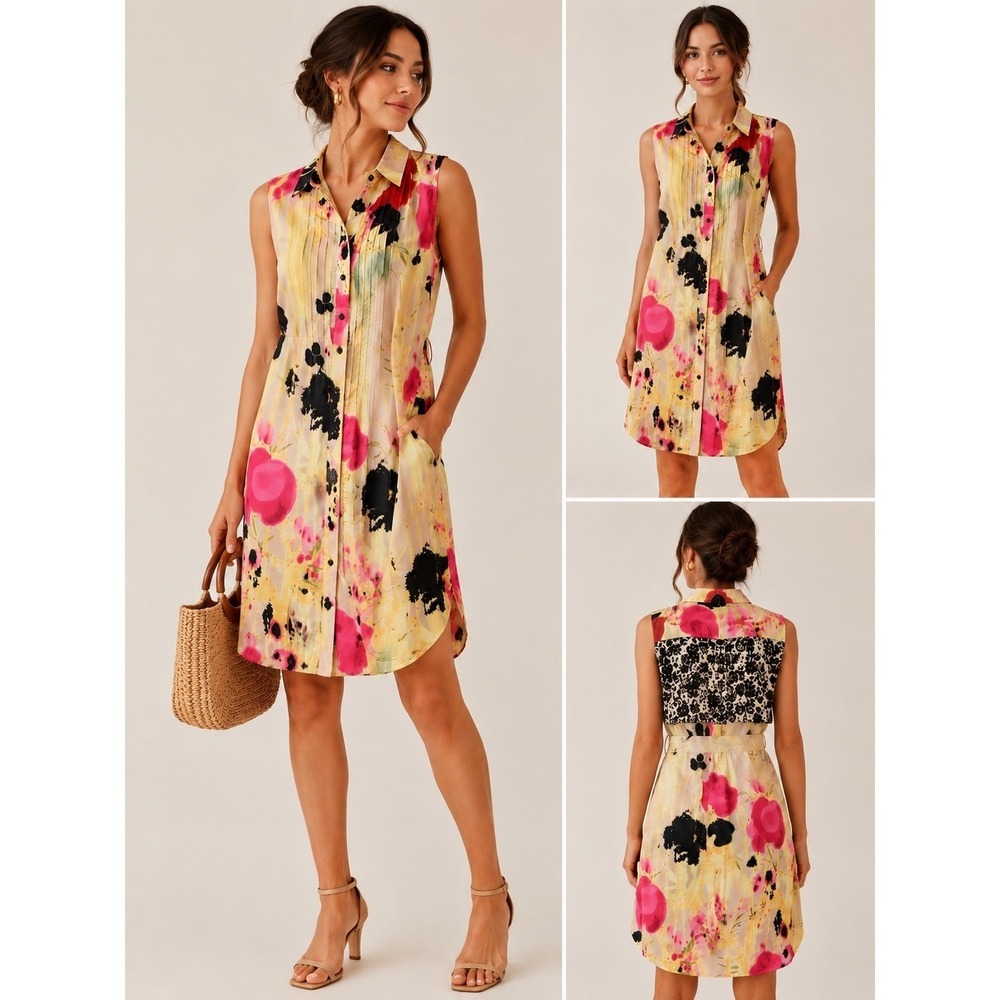 Tabitha Anthropologie‎ Silk Shirt Dress Pink Yellow Abstract Floral Pintuck Sz 8